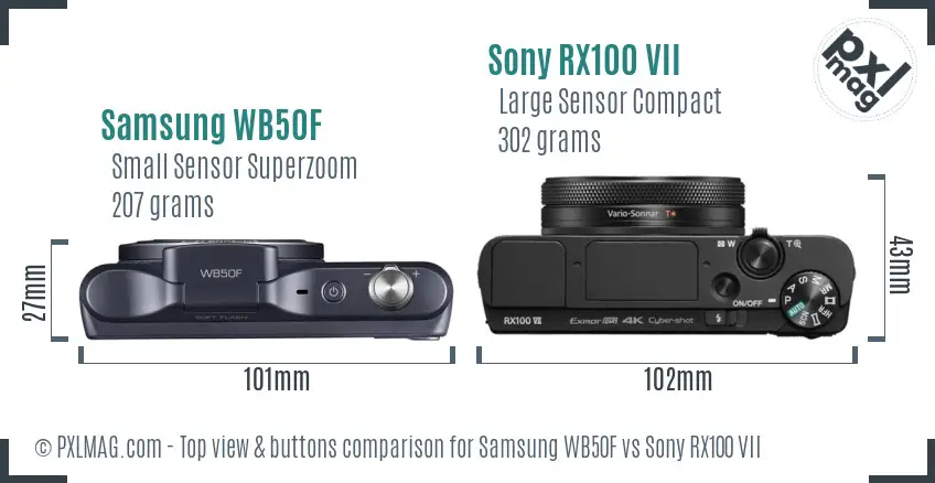 Samsung WB50F vs Sony RX100 VII top view buttons comparison