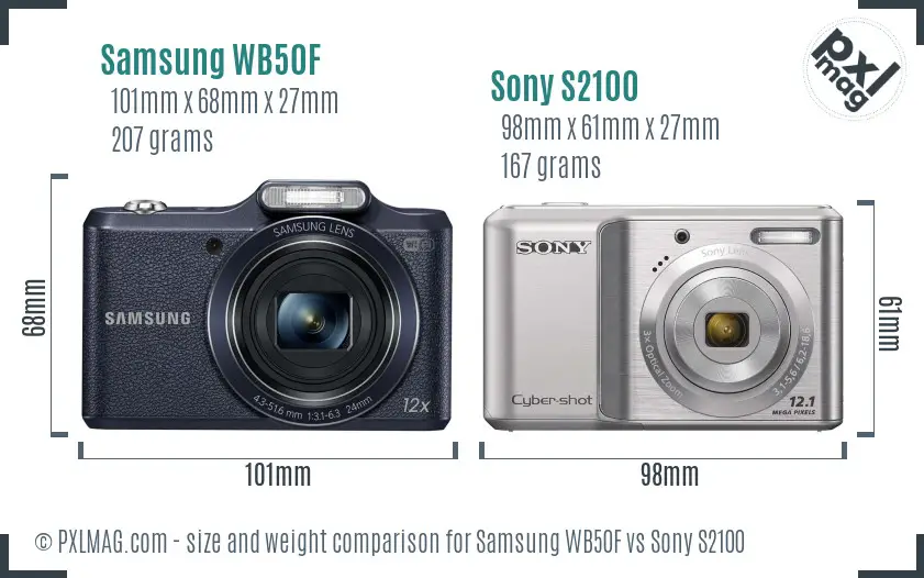 Samsung WB50F vs Sony S2100 size comparison