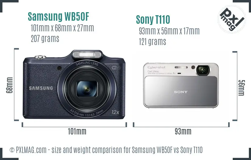 Samsung WB50F vs Sony T110 size comparison