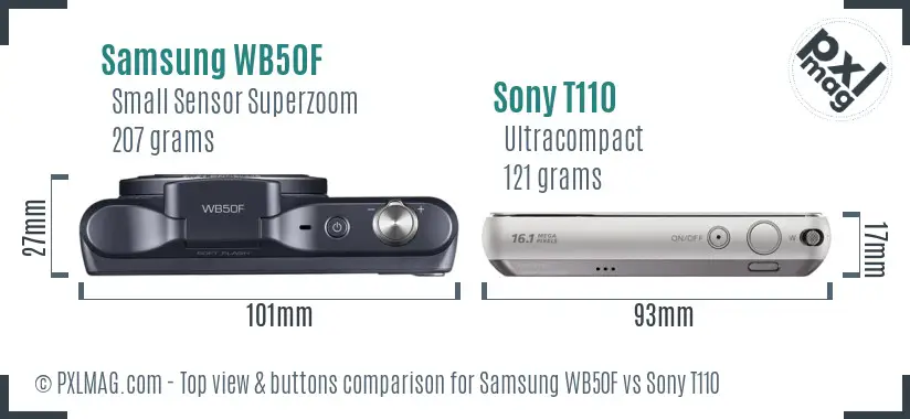 Samsung WB50F vs Sony T110 top view buttons comparison