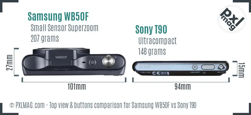 Samsung WB50F vs Sony T90 top view buttons comparison
