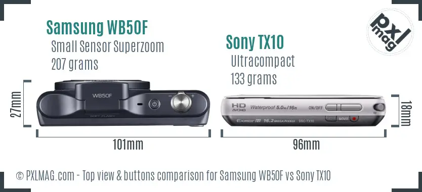 Samsung WB50F vs Sony TX10 top view buttons comparison