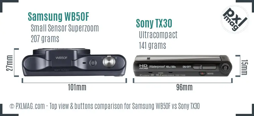 Samsung WB50F vs Sony TX30 top view buttons comparison