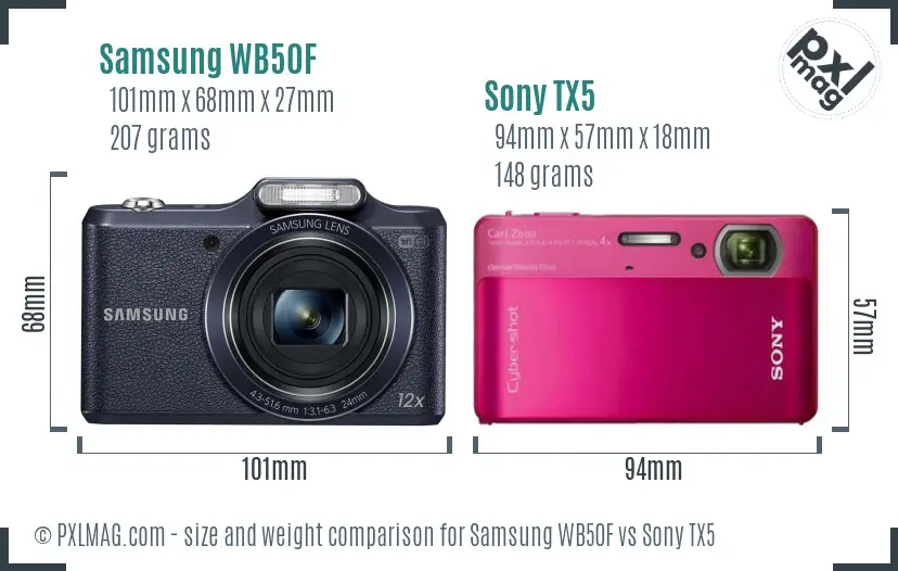Samsung WB50F vs Sony TX5 size comparison
