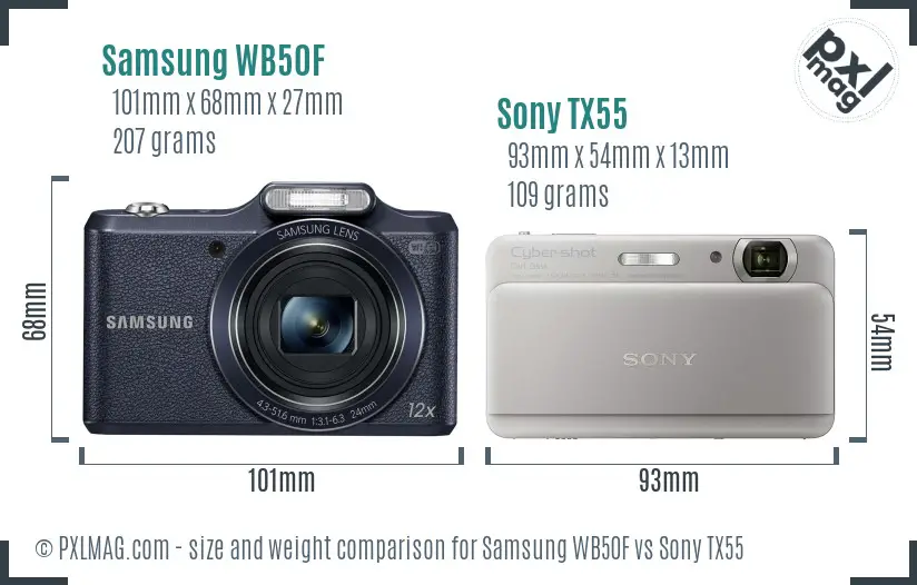 Samsung WB50F vs Sony TX55 size comparison