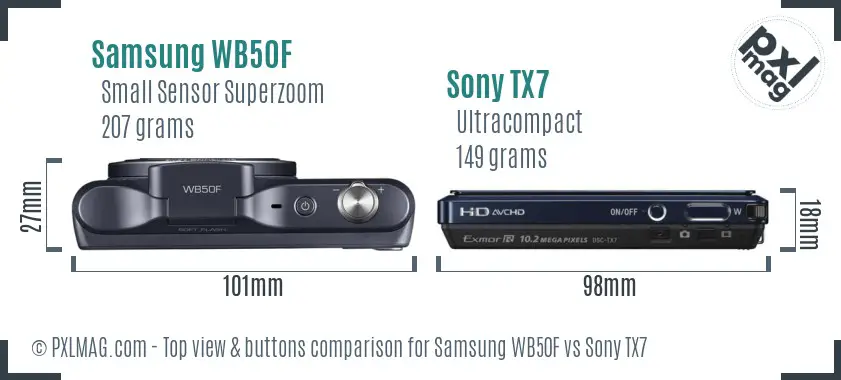 Samsung WB50F vs Sony TX7 top view buttons comparison