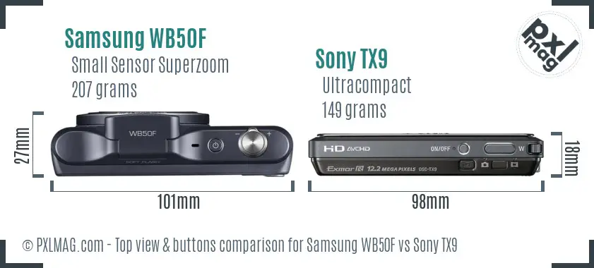 Samsung WB50F vs Sony TX9 top view buttons comparison