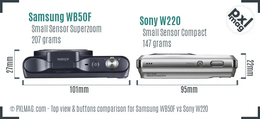 Samsung WB50F vs Sony W220 top view buttons comparison