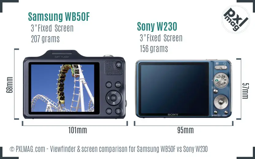 Samsung WB50F vs Sony W230 Screen and Viewfinder comparison