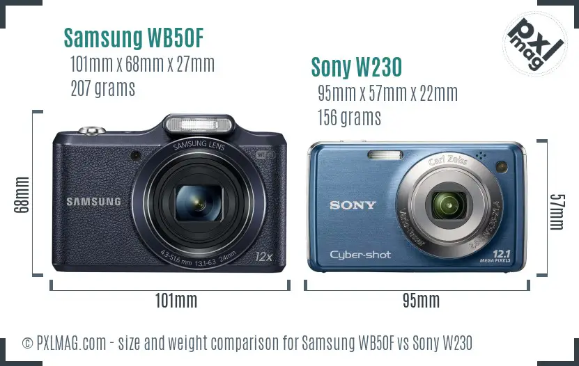 Samsung WB50F vs Sony W230 size comparison