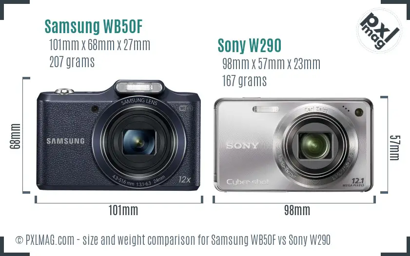 Samsung WB50F vs Sony W290 size comparison