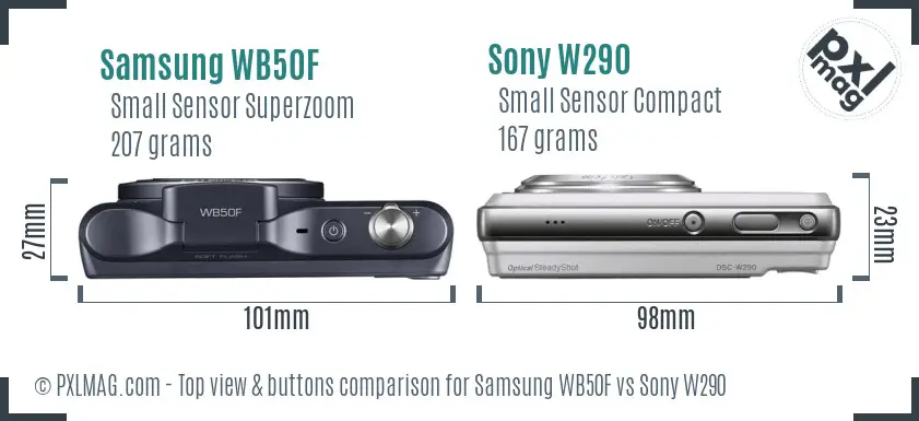 Samsung WB50F vs Sony W290 top view buttons comparison