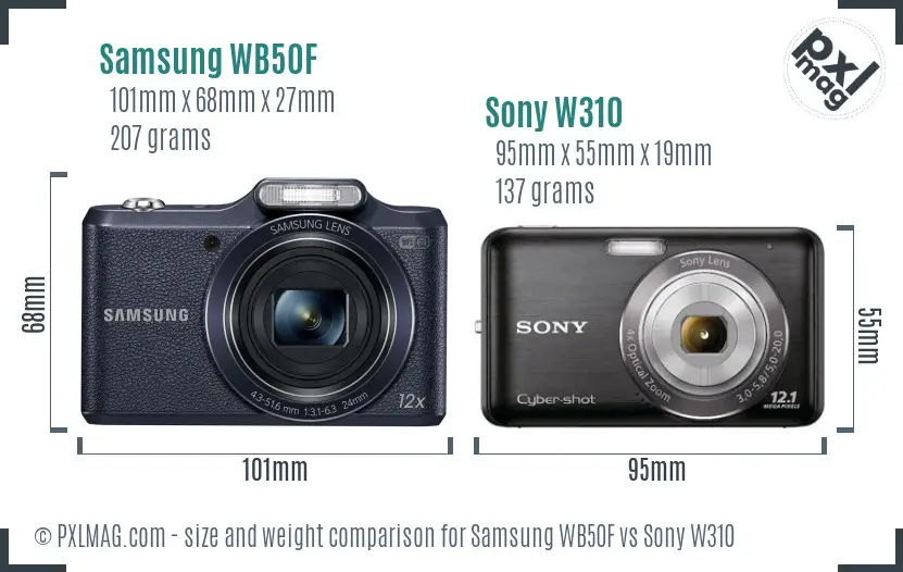 Samsung WB50F vs Sony W310 size comparison