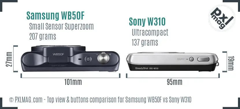 Samsung WB50F vs Sony W310 top view buttons comparison