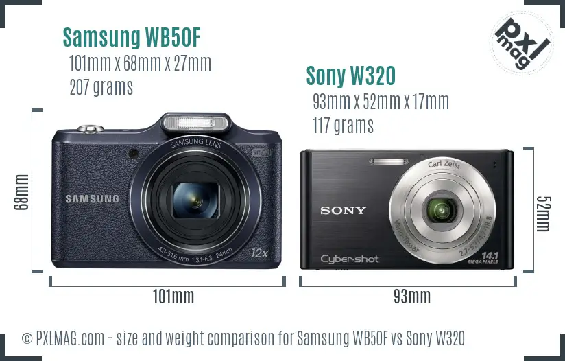 Samsung WB50F vs Sony W320 size comparison