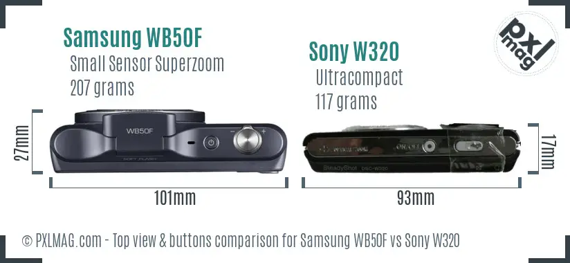 Samsung WB50F vs Sony W320 top view buttons comparison