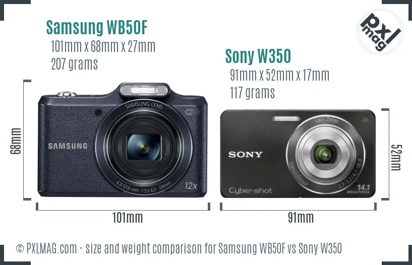 Samsung WB50F vs Sony W350 size comparison