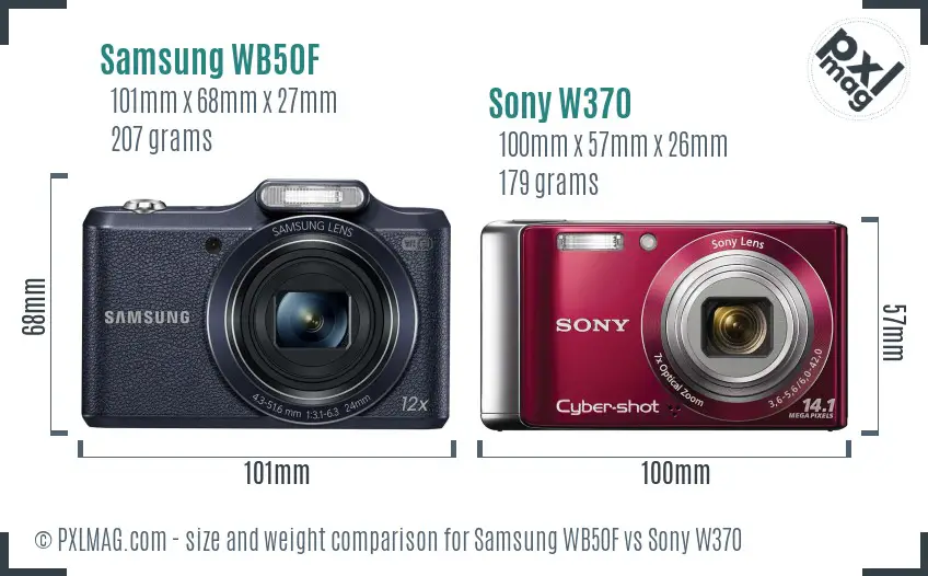 Samsung WB50F vs Sony W370 size comparison