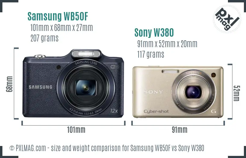Samsung WB50F vs Sony W380 size comparison