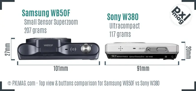 Samsung WB50F vs Sony W380 top view buttons comparison