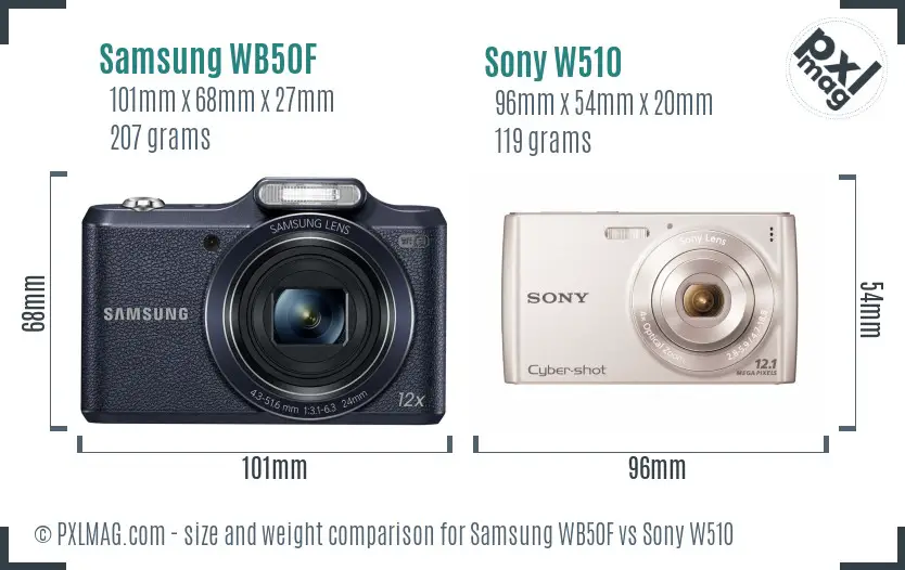 Samsung WB50F vs Sony W510 size comparison