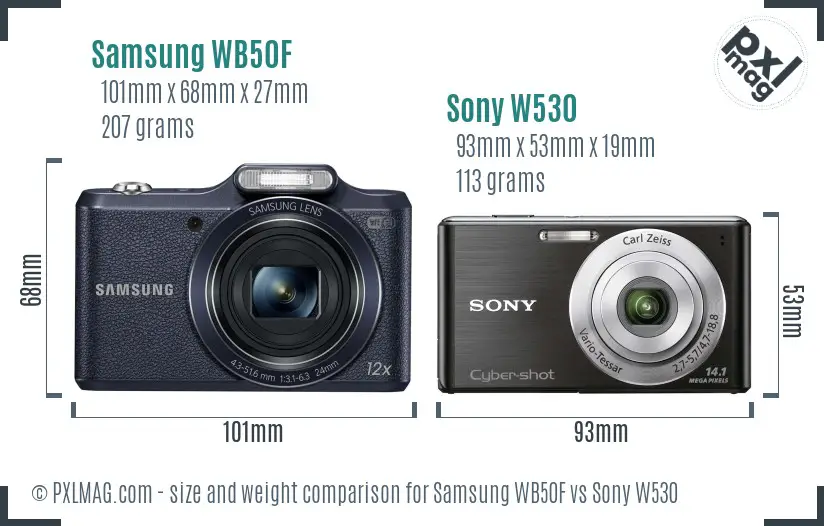 Samsung WB50F vs Sony W530 size comparison