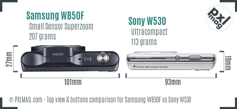 Samsung WB50F vs Sony W530 top view buttons comparison