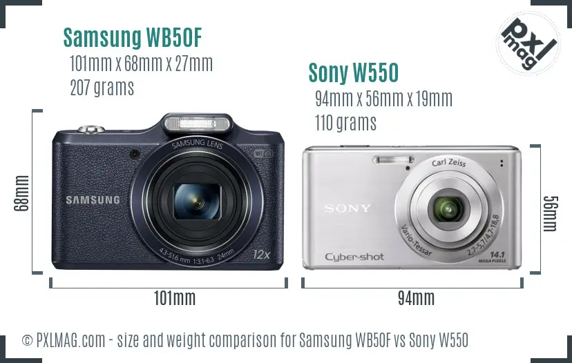 Samsung WB50F vs Sony W550 size comparison