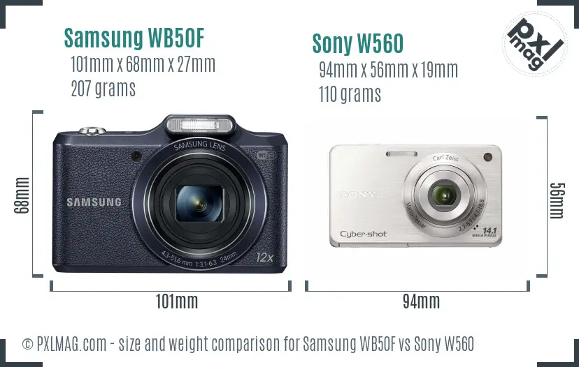 Samsung WB50F vs Sony W560 size comparison