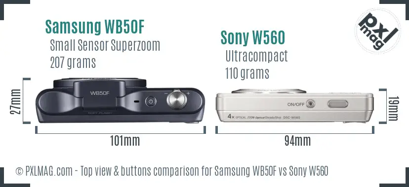 Samsung WB50F vs Sony W560 top view buttons comparison