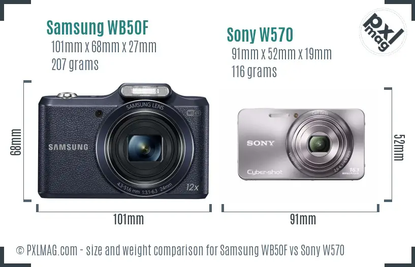 Samsung WB50F vs Sony W570 size comparison