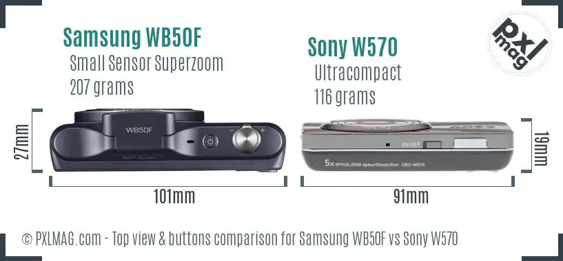 Samsung WB50F vs Sony W570 top view buttons comparison