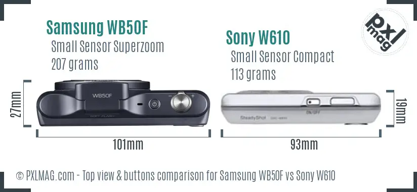 Samsung WB50F vs Sony W610 top view buttons comparison