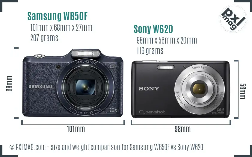 Samsung WB50F vs Sony W620 size comparison