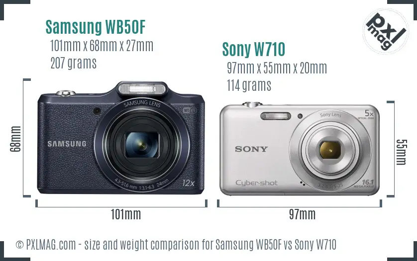 Samsung WB50F vs Sony W710 size comparison