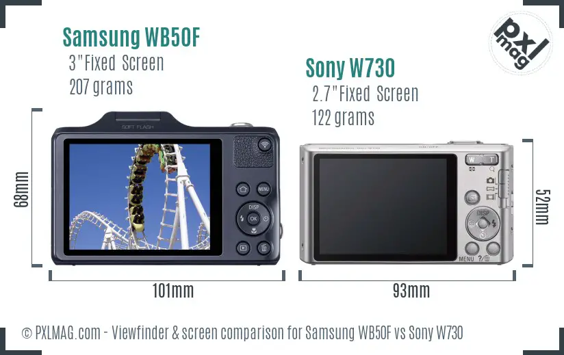 Samsung WB50F vs Sony W730 Screen and Viewfinder comparison