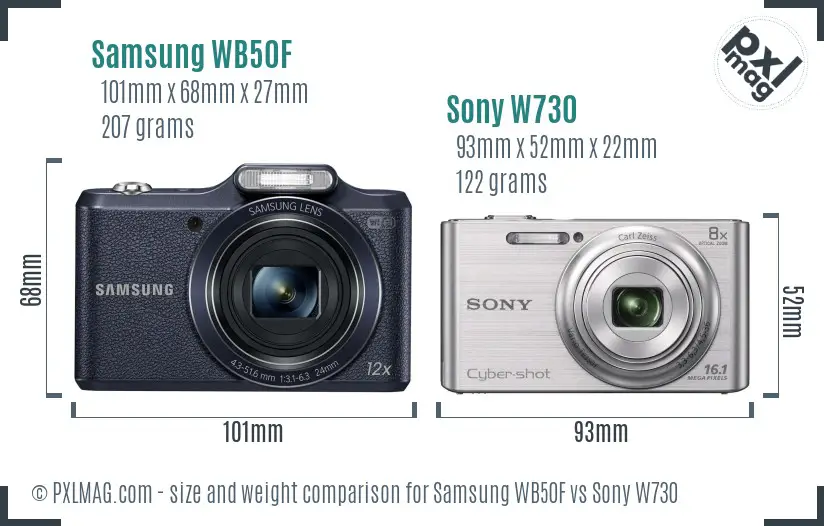 Samsung WB50F vs Sony W730 size comparison