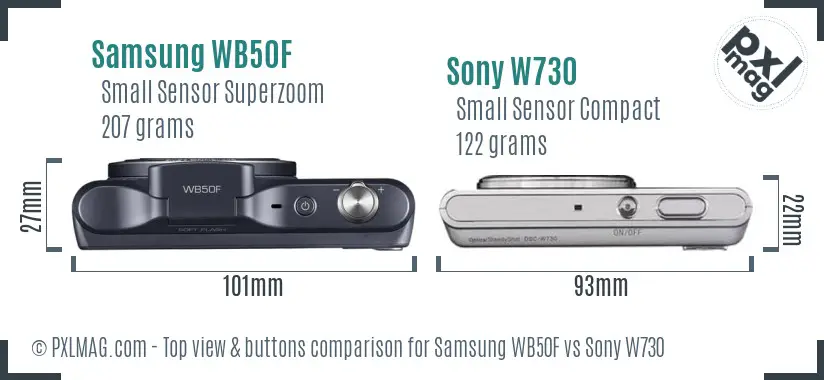 Samsung WB50F vs Sony W730 top view buttons comparison