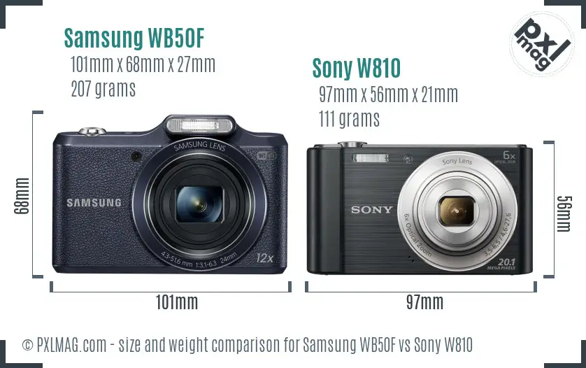 Samsung WB50F vs Sony W810 size comparison