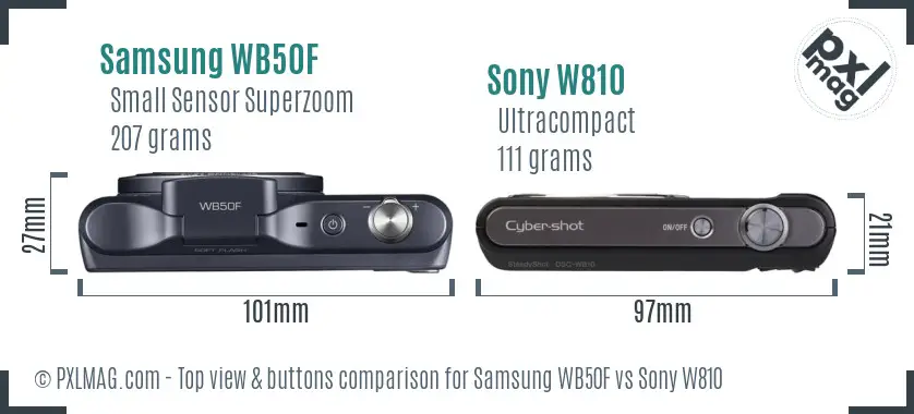 Samsung WB50F vs Sony W810 top view buttons comparison