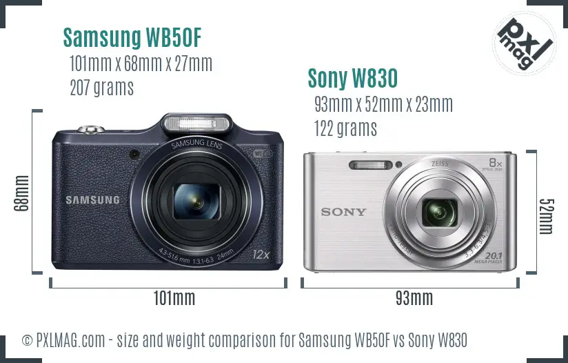 Samsung WB50F vs Sony W830 size comparison
