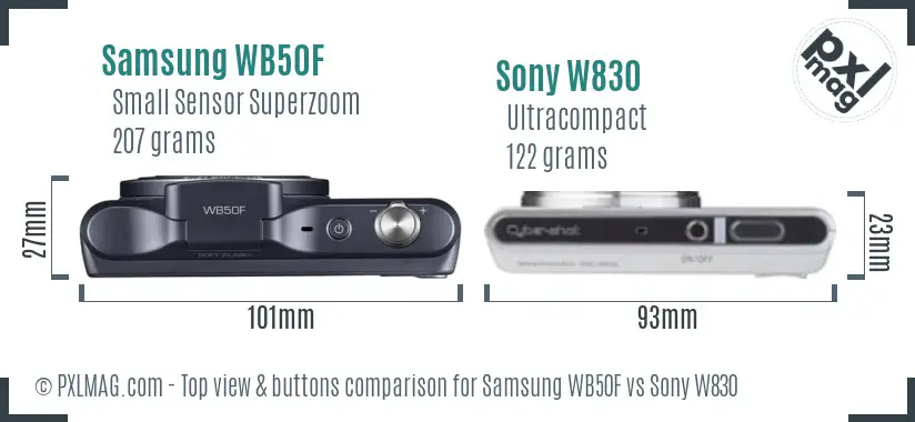 Samsung WB50F vs Sony W830 top view buttons comparison