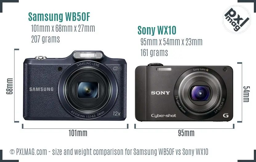 Samsung WB50F vs Sony WX10 size comparison