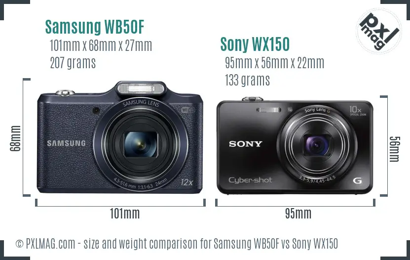 Samsung WB50F vs Sony WX150 size comparison