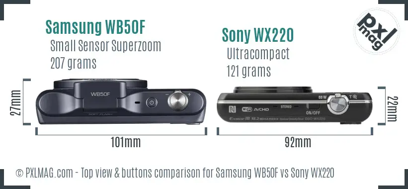 Samsung WB50F vs Sony WX220 top view buttons comparison