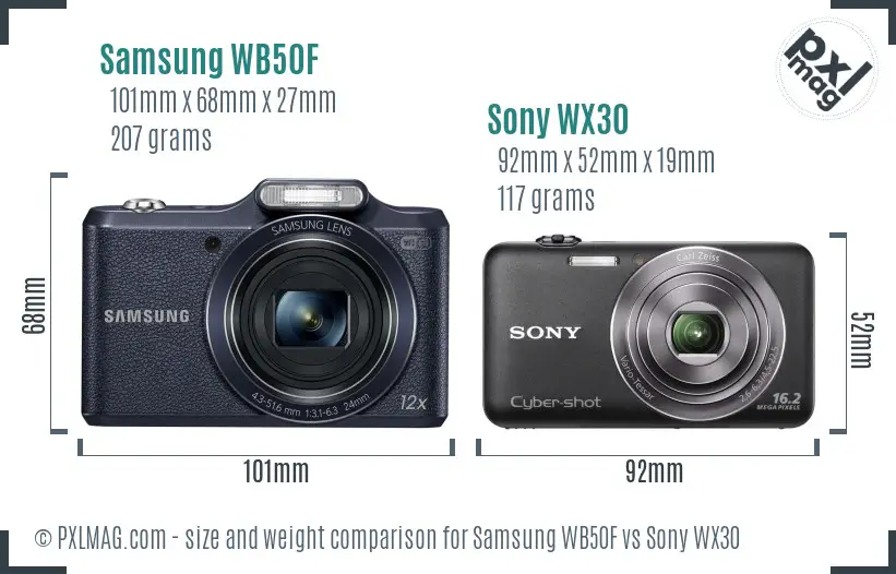 Samsung WB50F vs Sony WX30 size comparison