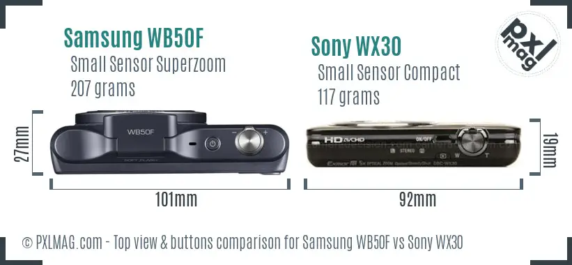 Samsung WB50F vs Sony WX30 top view buttons comparison