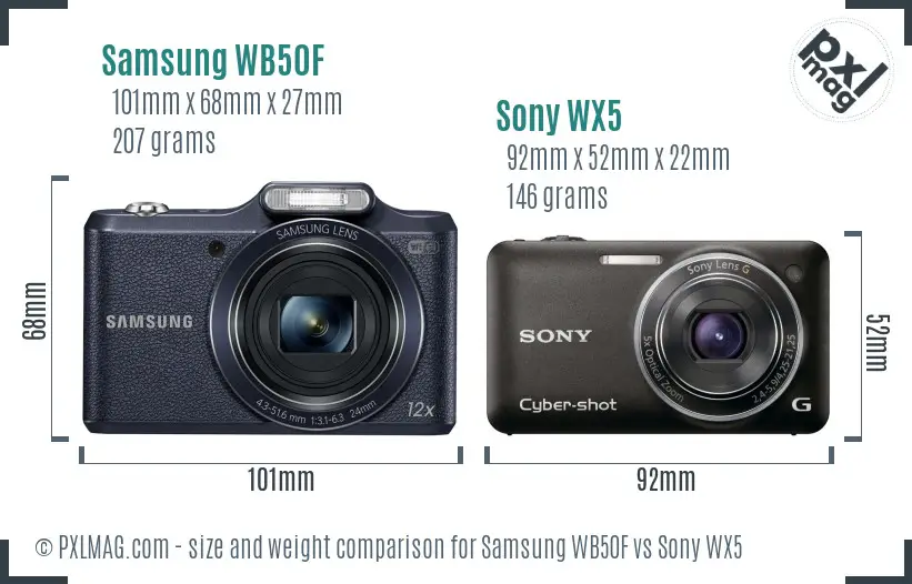 Samsung WB50F vs Sony WX5 size comparison