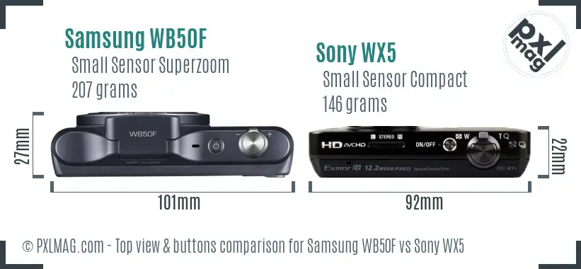 Samsung WB50F vs Sony WX5 top view buttons comparison