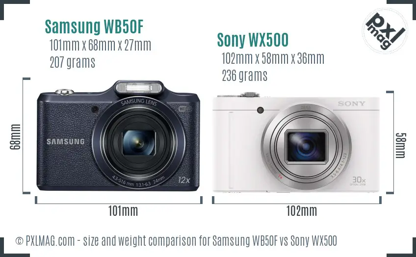 Samsung WB50F vs Sony WX500 size comparison